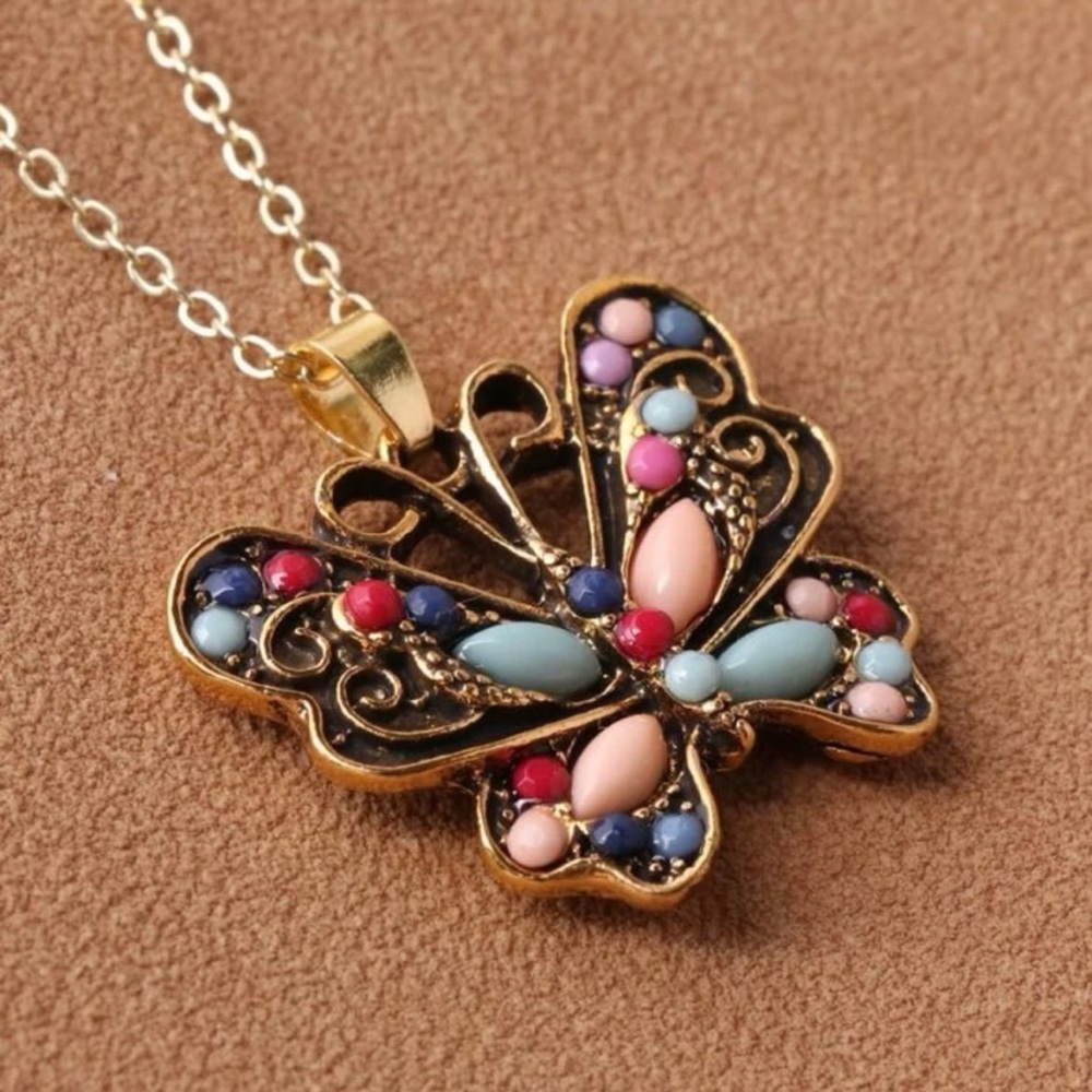 Colorful Gold Tone Butterfly Necklace